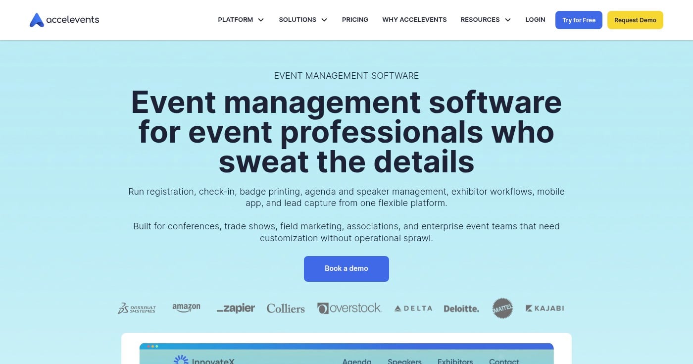 Accelevents virtual event platform homepage