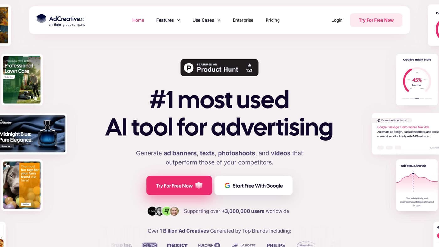 AdCreative.ai dashboard showing AI-generated ad creatives and performance prediction tools