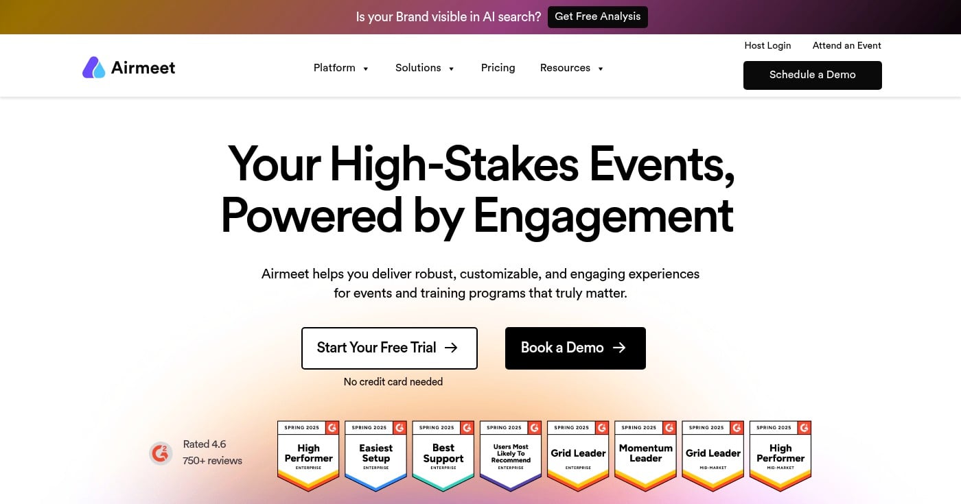 Airmeet virtual event platform homepage