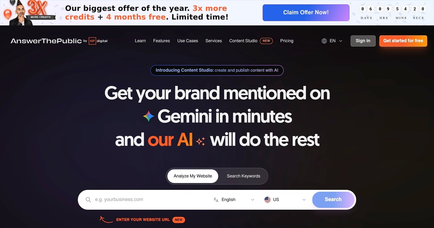 AnswerThePublic consumer question mapping tool homepage