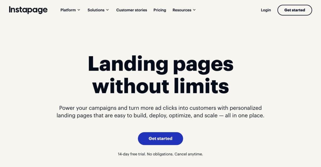 Instapage homepage, June 2025