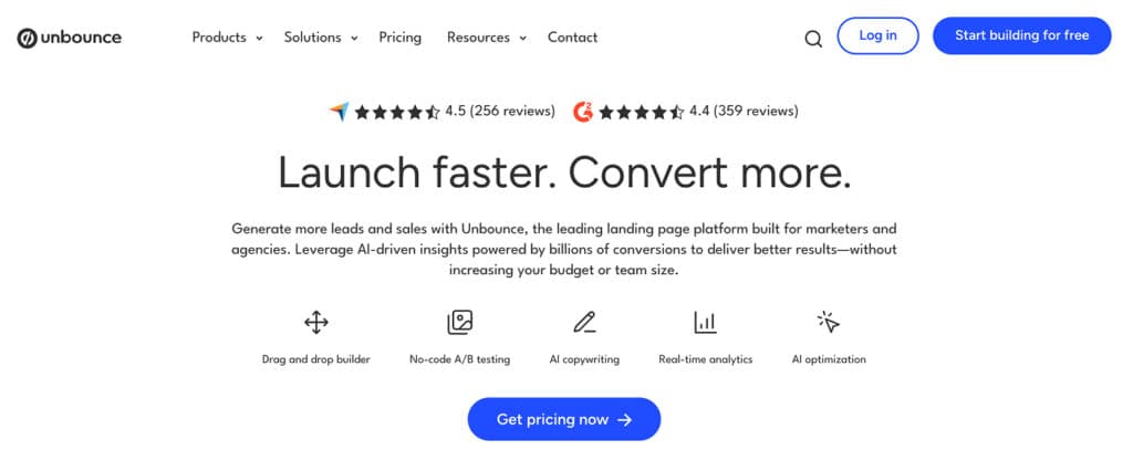 Unbounce homepage, Jun 2025