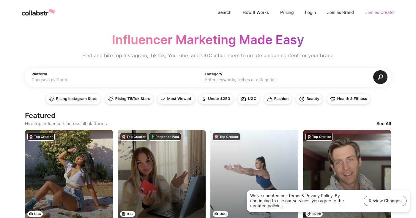 Screenshot of Collabstr homepage