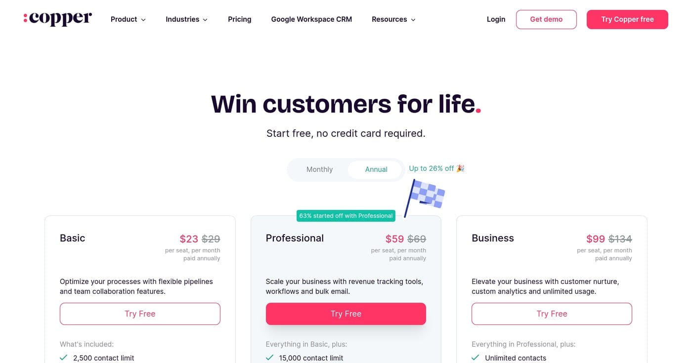 Copper CRM pricing page screenshot