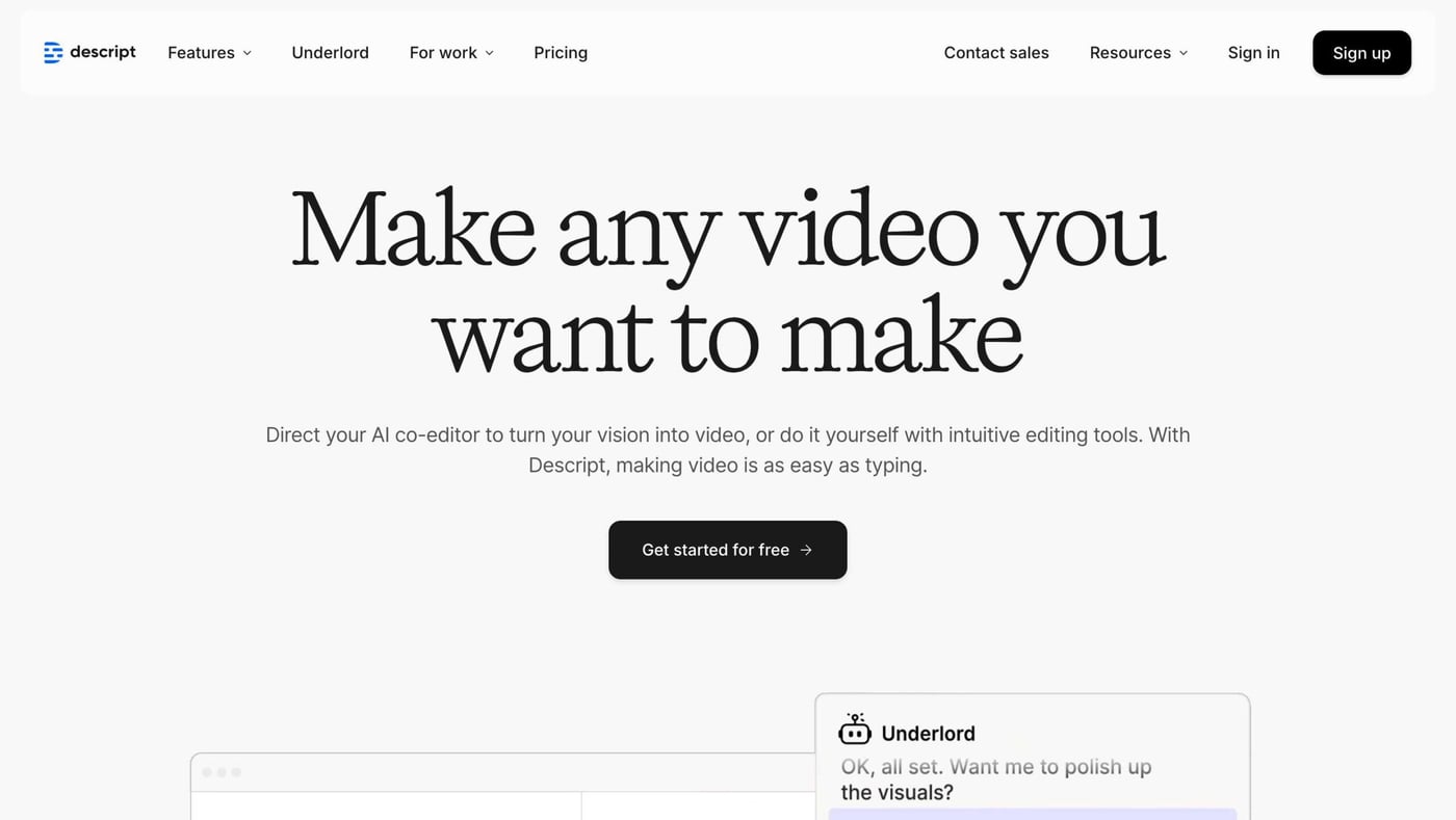 Descript's unique text-based video editing interface with AI voice cloning and transcription features
