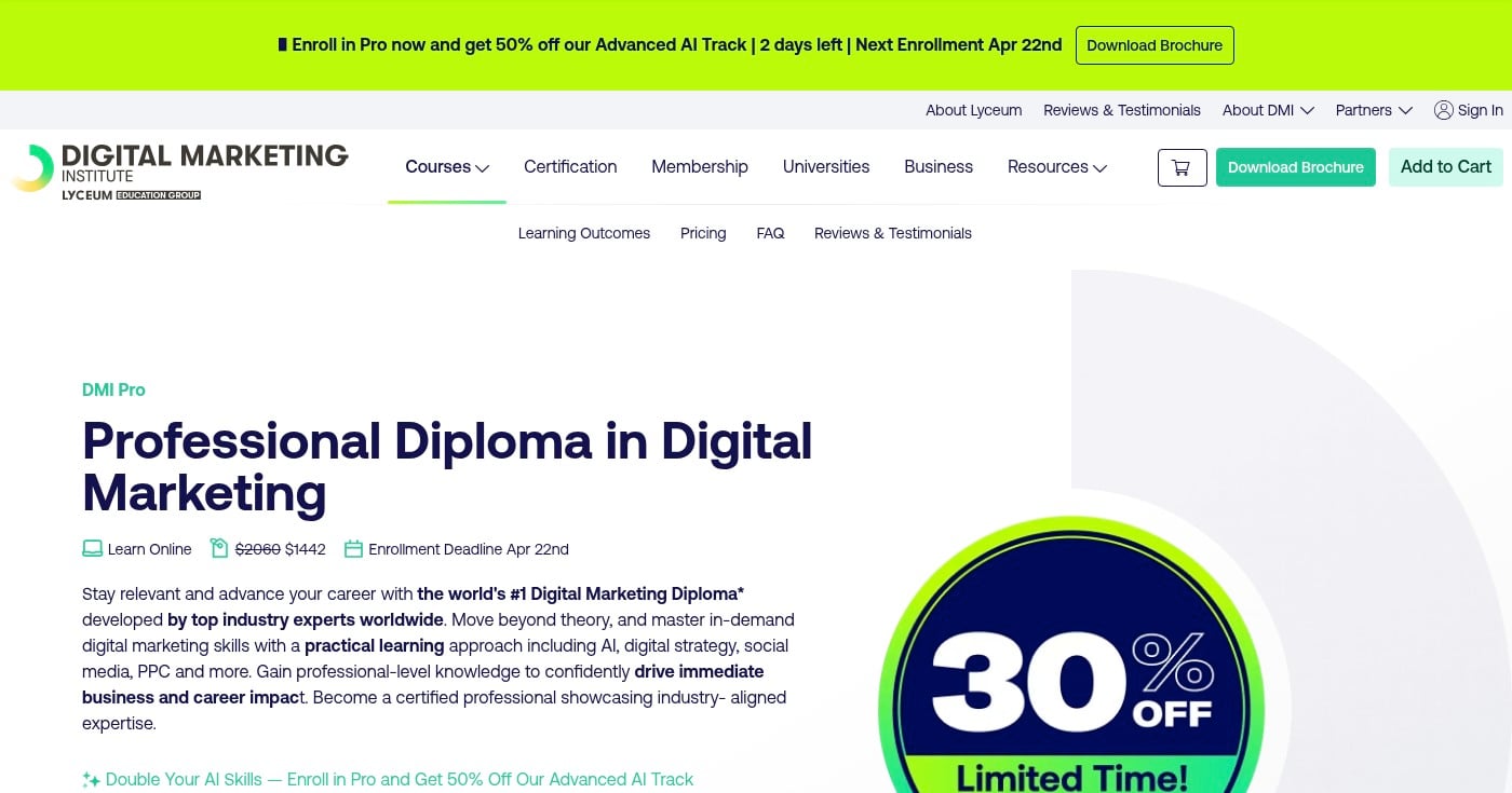 Digital Marketing Institute Professional Diploma course page