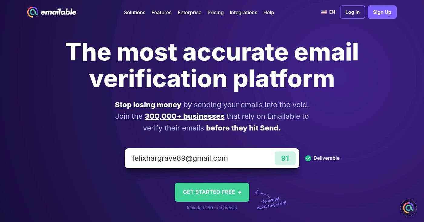 Emailable email verification tool homepage