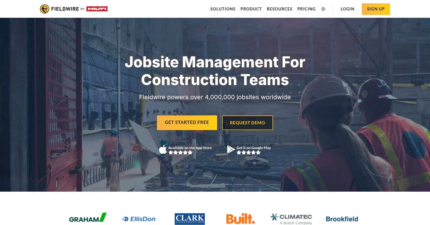 Screenshot of Fieldwire homepage