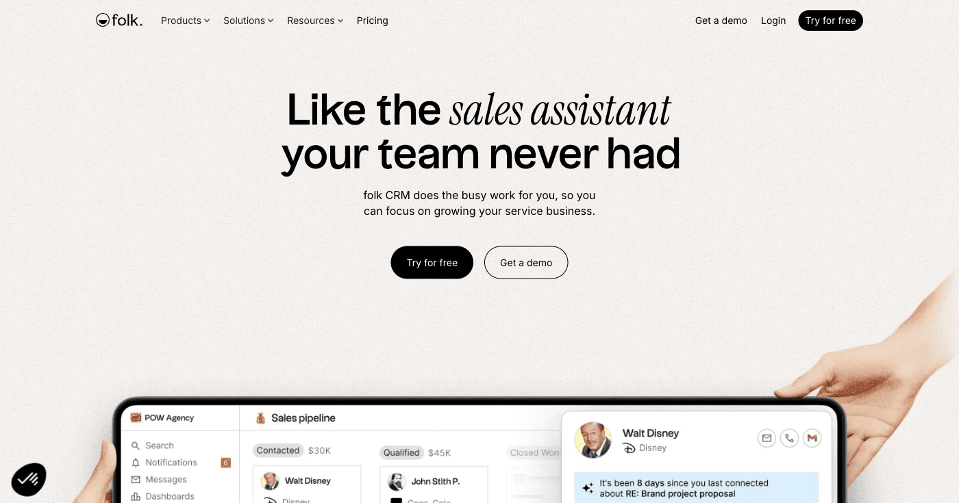 Folk AI sales assistant CRM showing relationship-driven features, network analysis, and automated contact discovery for startups