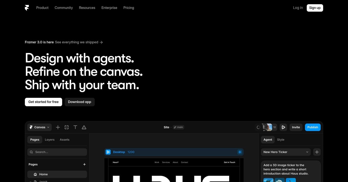 Framer landing page builder product screenshot