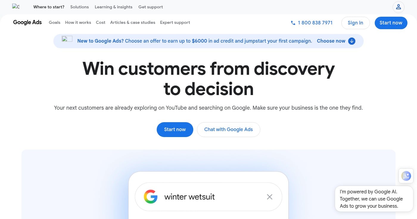 Google Ads platform homepage