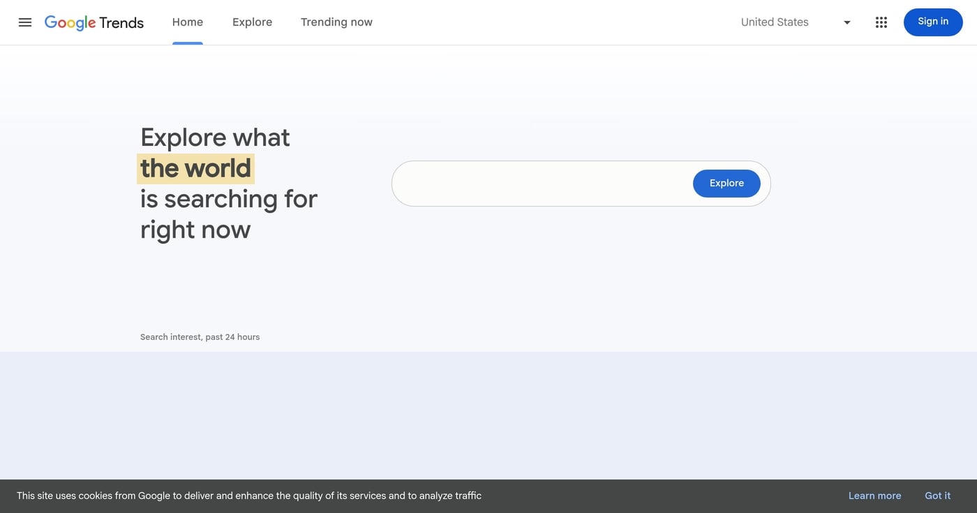 Google Trends demand validation tool homepage