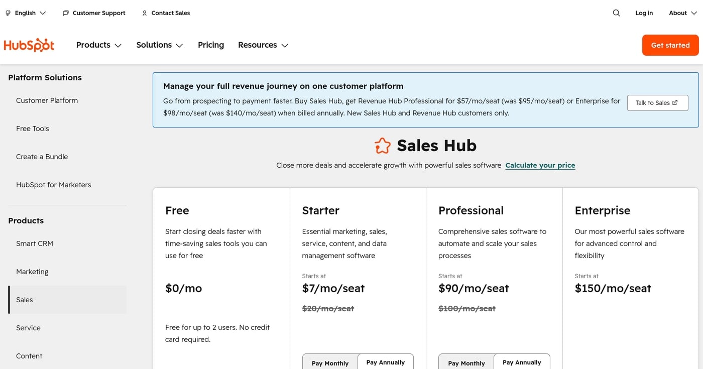 HubSpot CRM pricing page screenshot