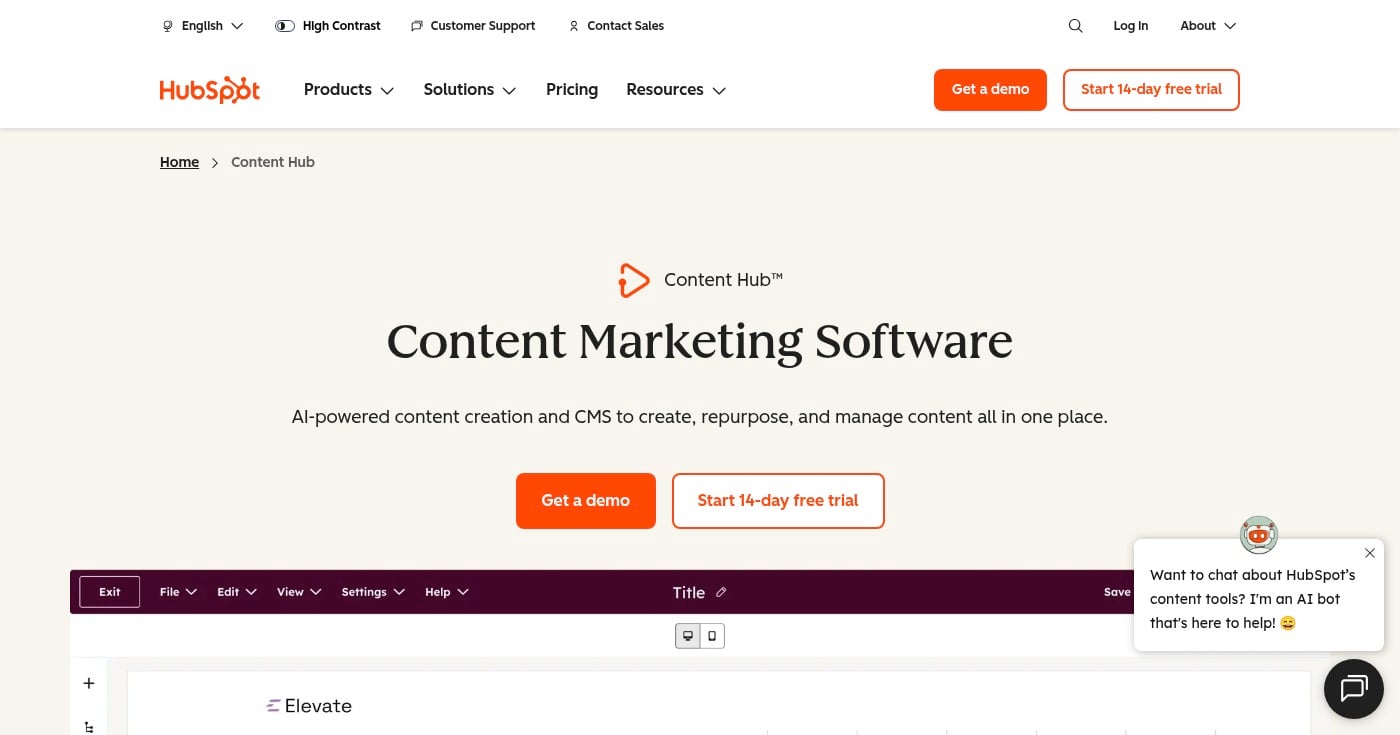 HubSpot Content Hub analytics dashboard showing traffic, leads, and attribution reporting