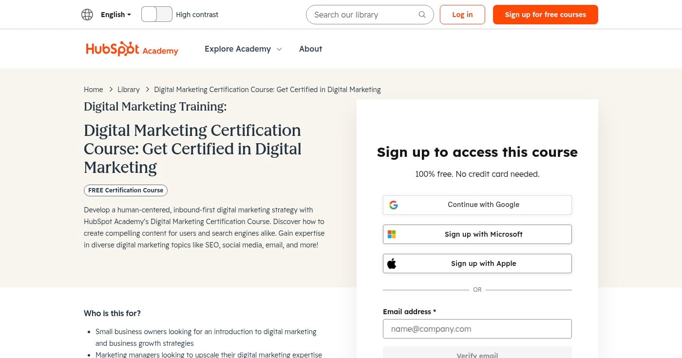 HubSpot Academy Digital Marketing Certification course page