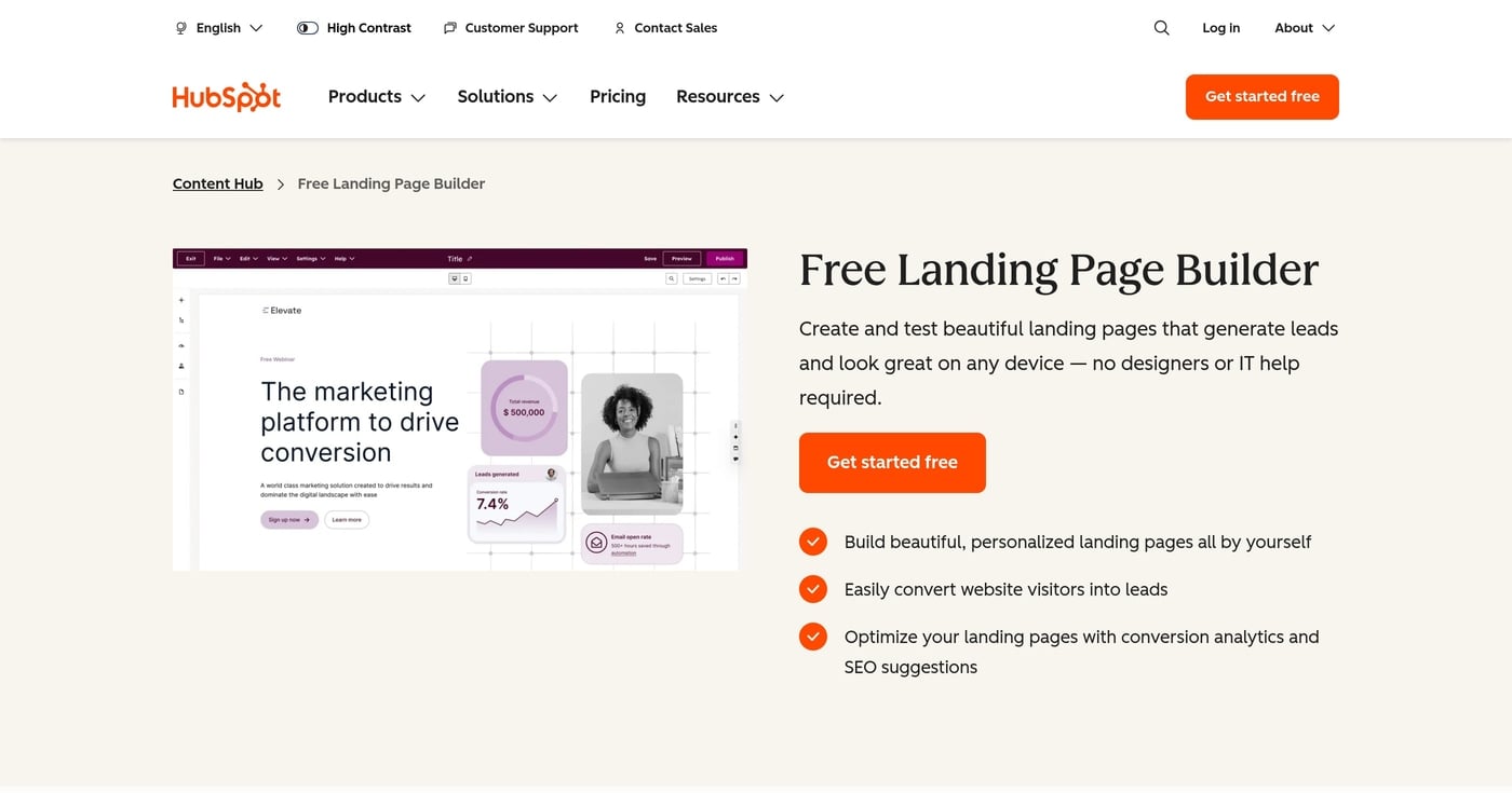 HubSpot landing page builder product screenshot