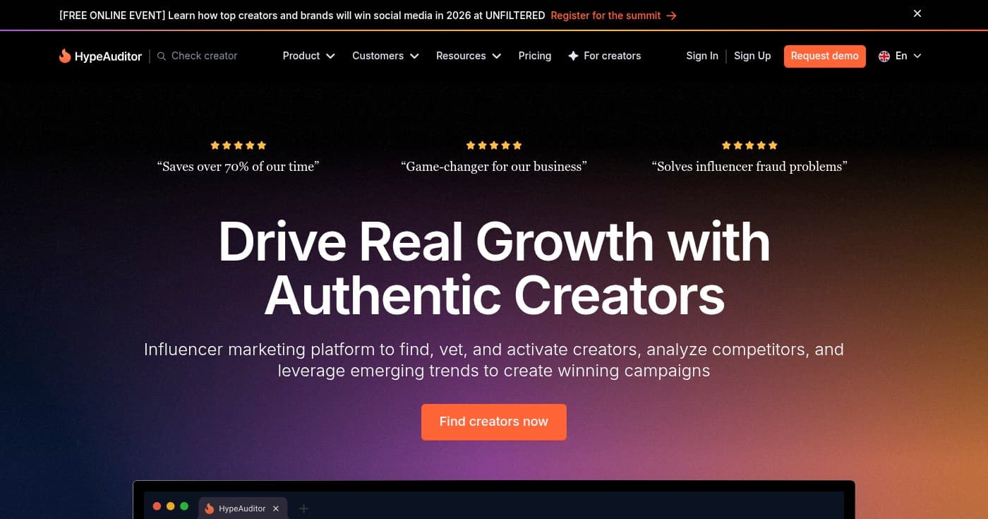 Screenshot of HypeAuditor homepage