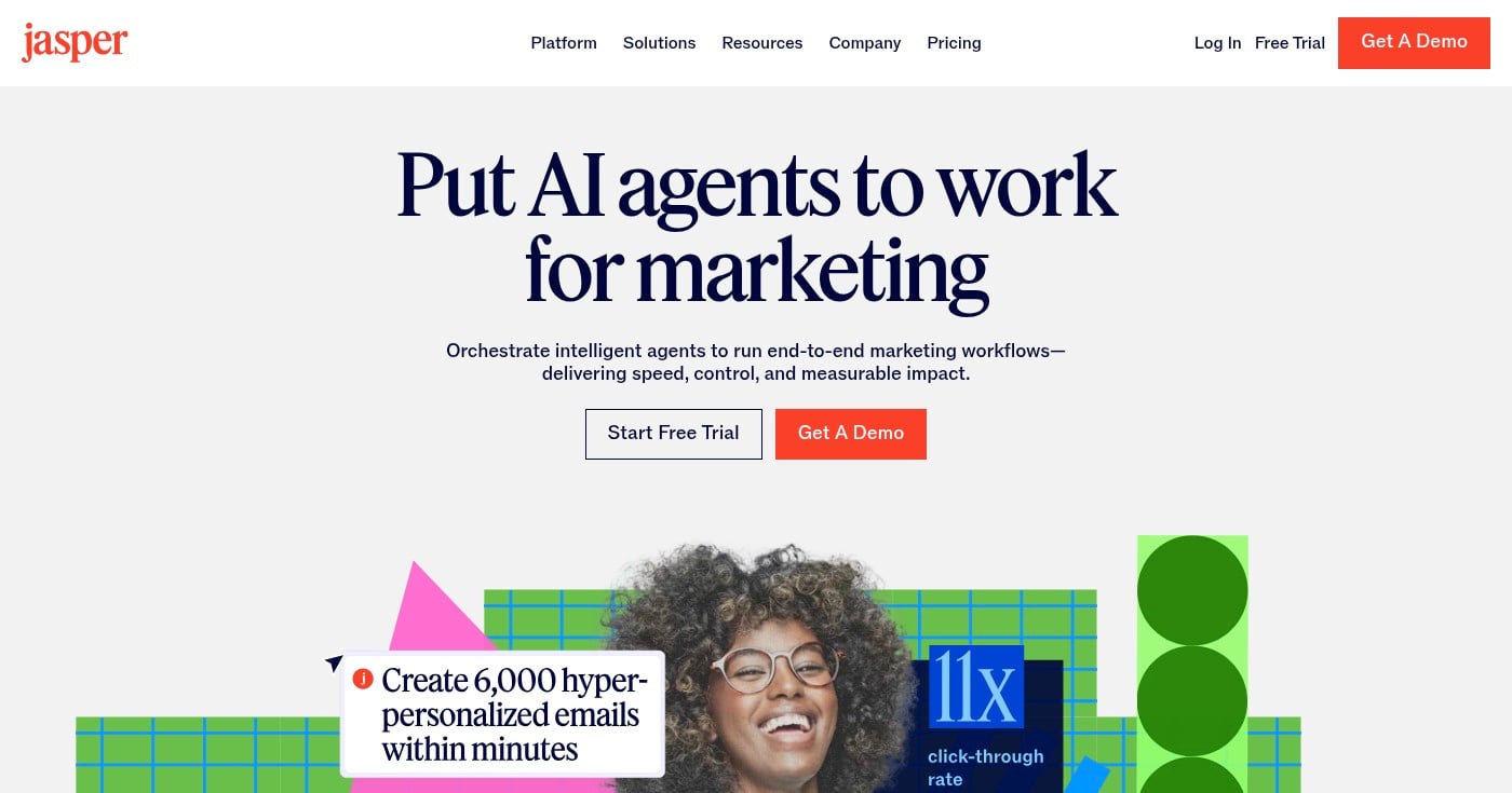 Jasper AI writing interface showing brand voice settings and content generation