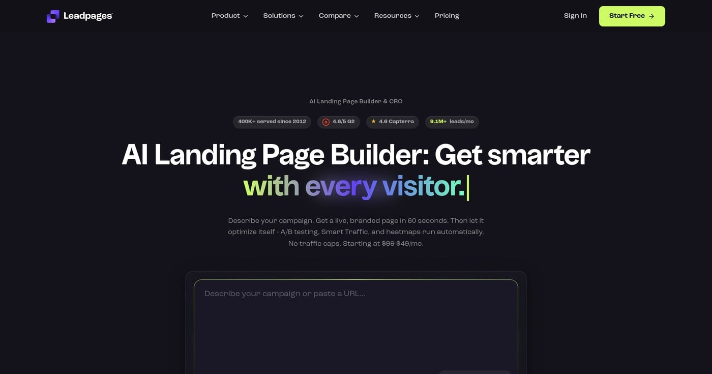 Leadpages landing page builder product screenshot