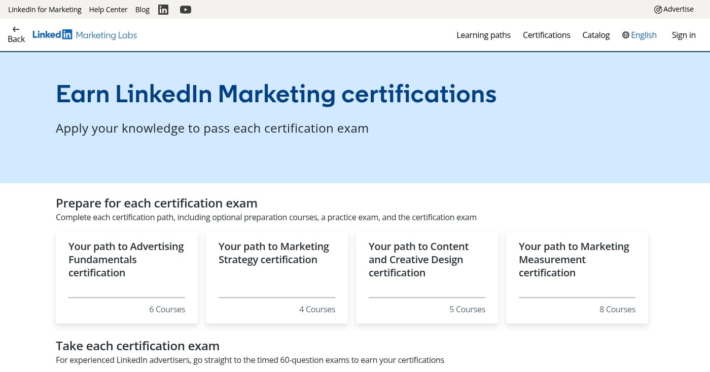 LinkedIn Marketing Labs certifications page