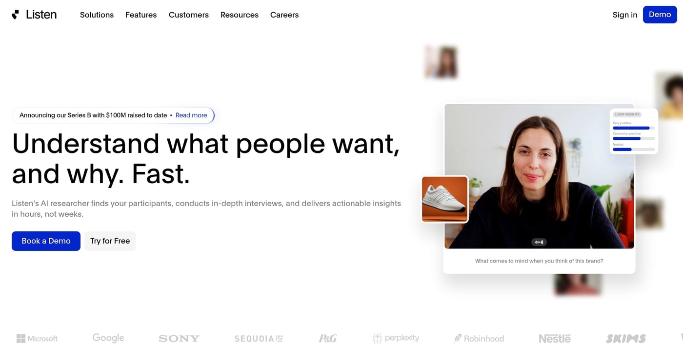 Listen Labs AI-moderated qualitative research platform homepage