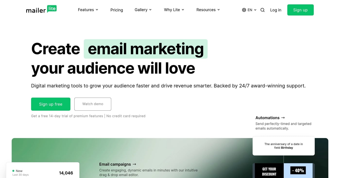 MailerLite landing page builder product screenshot