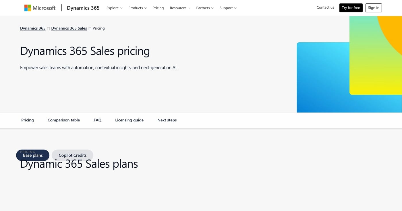 Microsoft Dynamics 365 Sales pricing screenshot