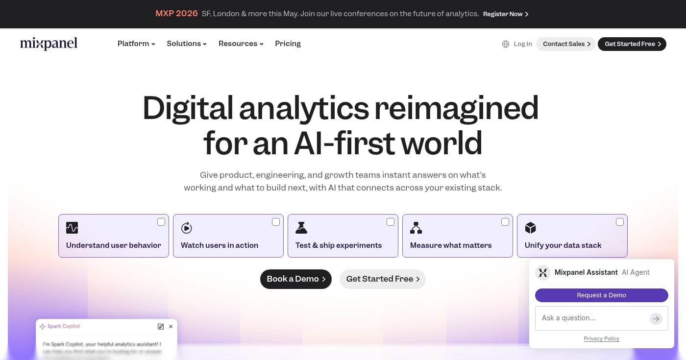 Mixpanel product analytics homepage