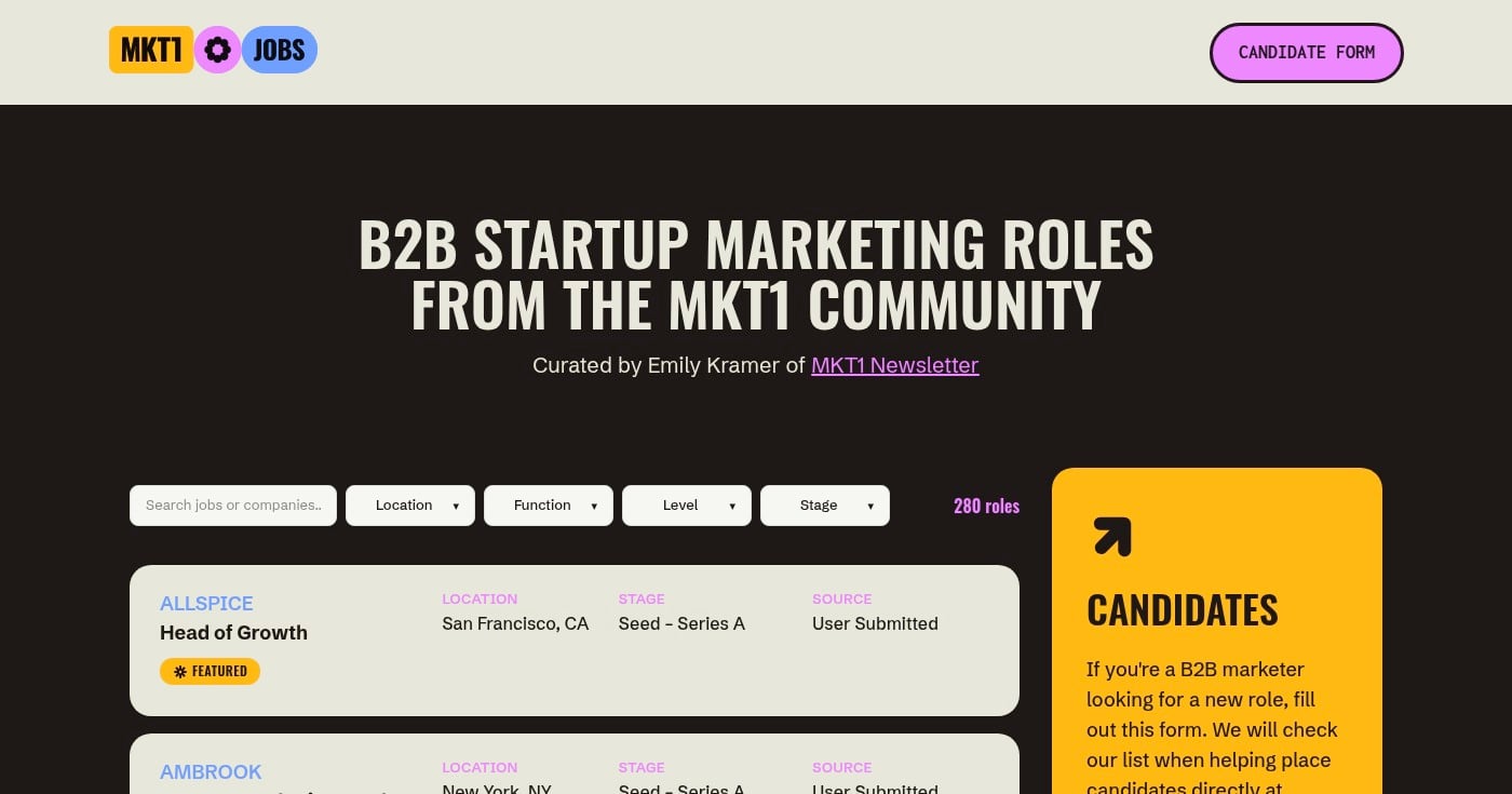 MKT1 B2B startup marketing job board
