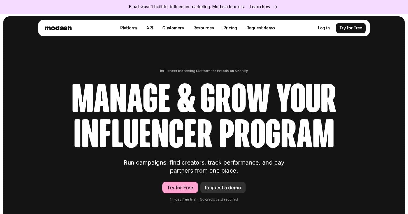 Screenshot of Modash homepage