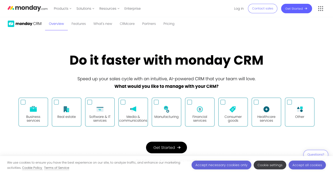 Monday.com CRM displaying visual sales pipeline management with AI-powered automation and team collaboration features