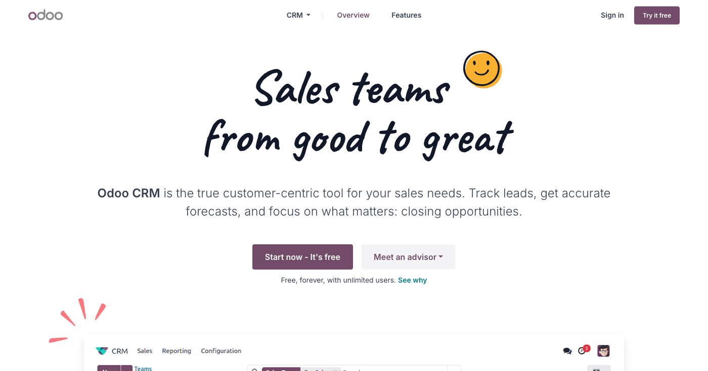 Odoo open-source CRM platform showing comprehensive business suite integration and AI-powered sales automation tools