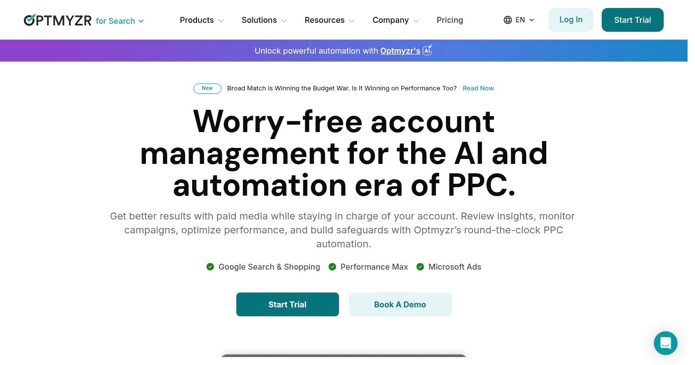 Optmyzr PPC management automation platform homepage