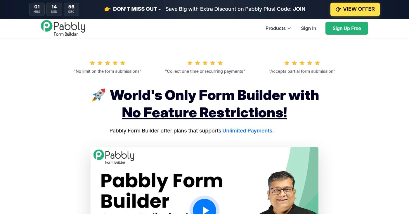 Pabbly Forms homepage screenshot