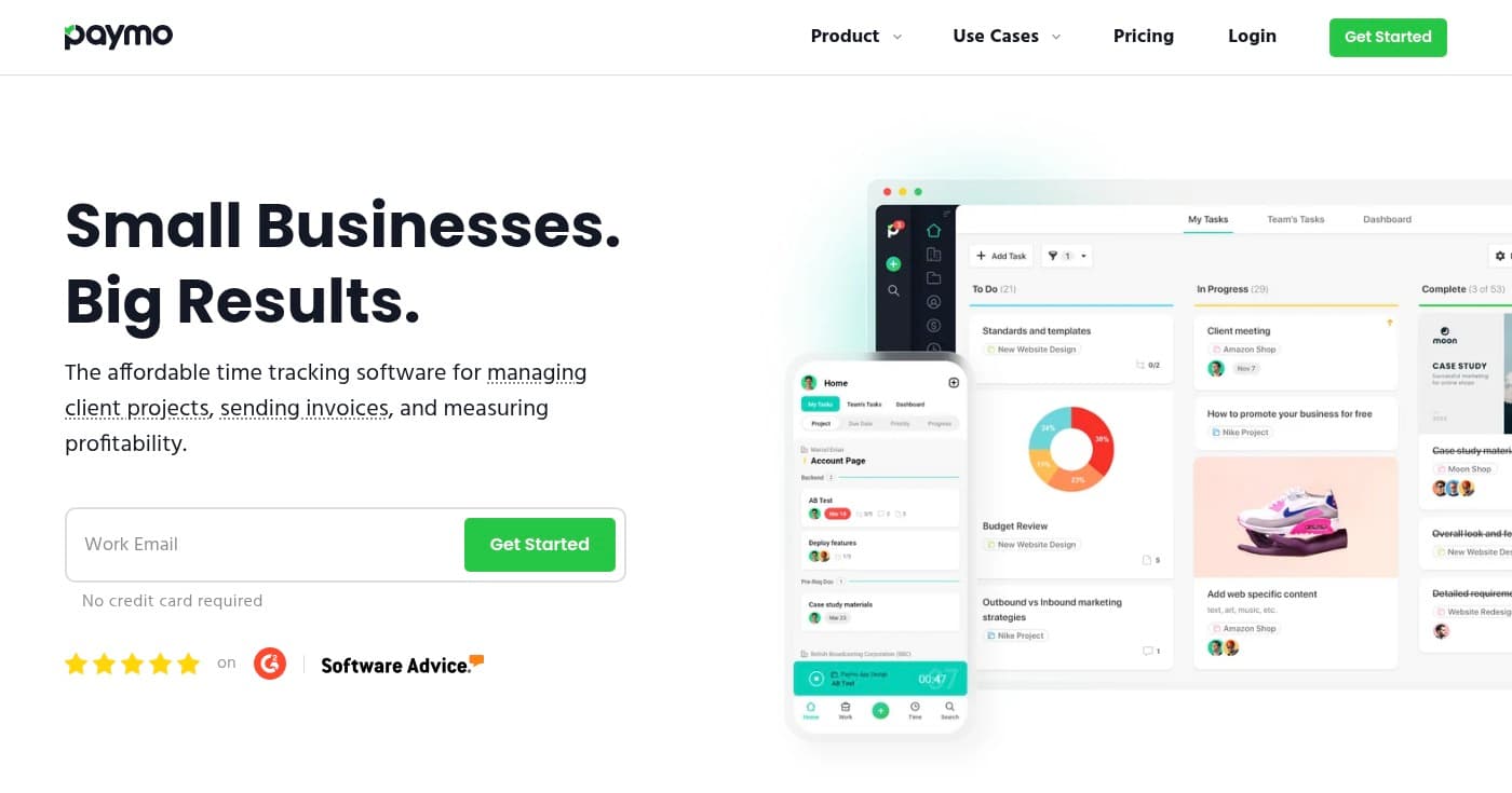 Screenshot of Paymo homepage