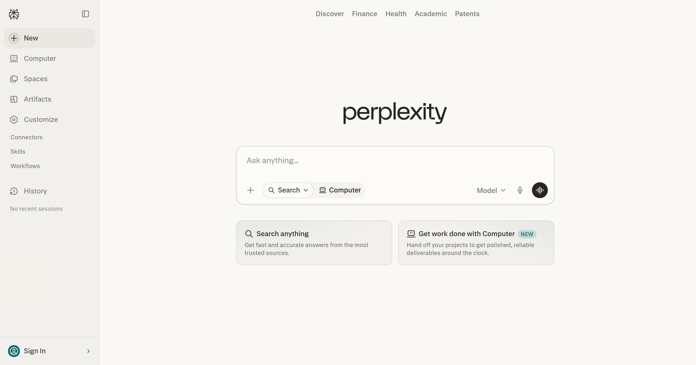 Perplexity AI powered research assistant homepage