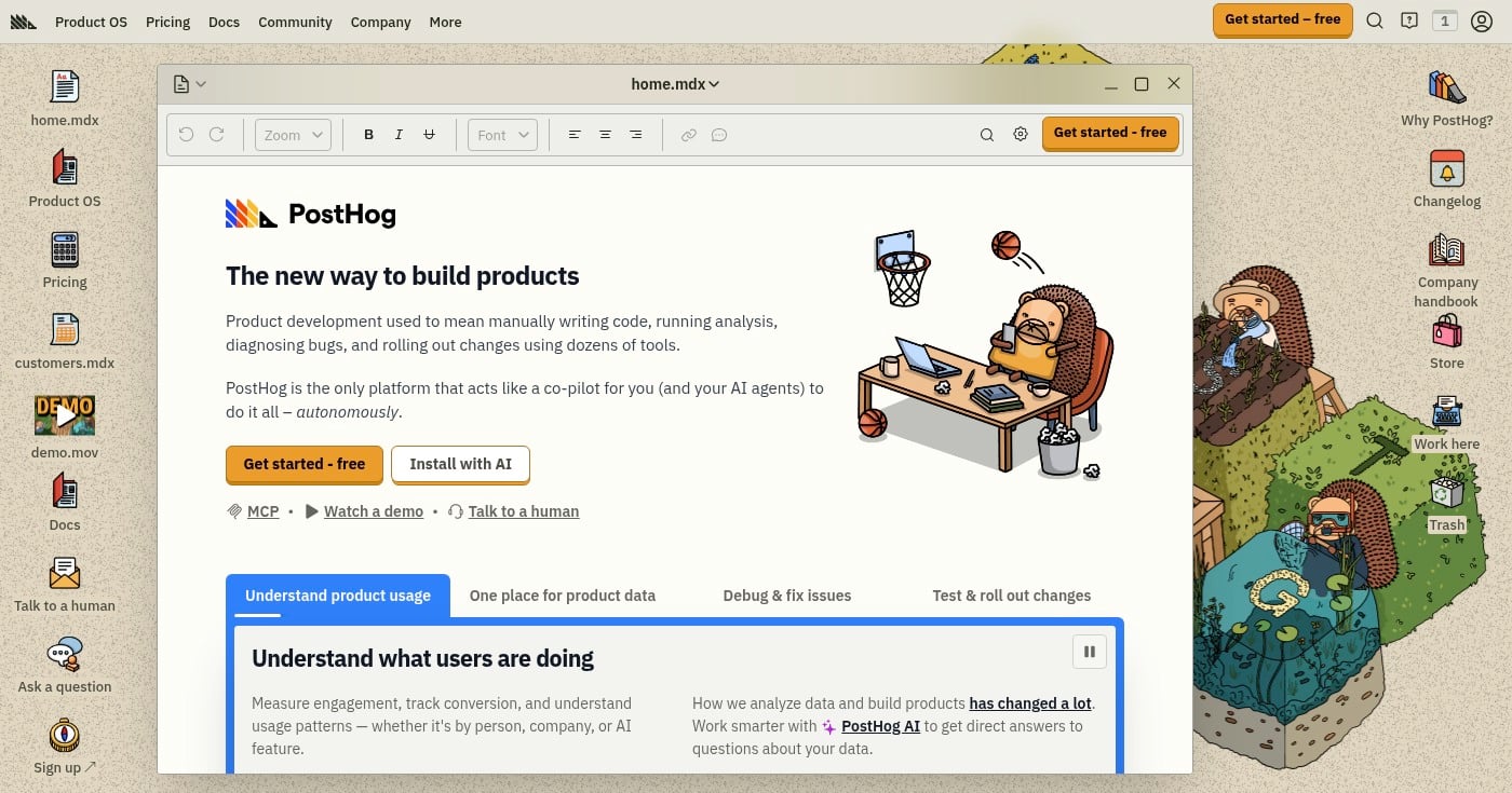 PostHog product analytics homepage