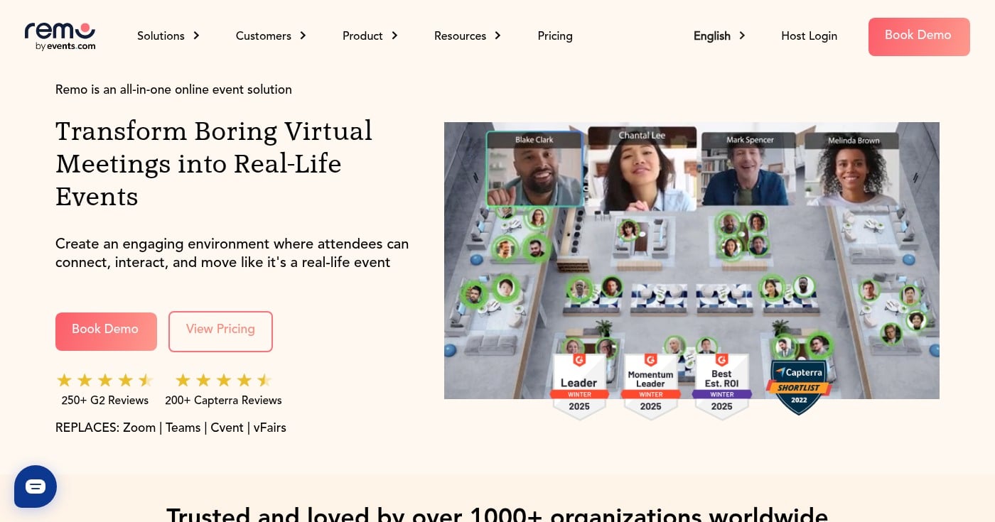 Remo virtual networking platform homepage