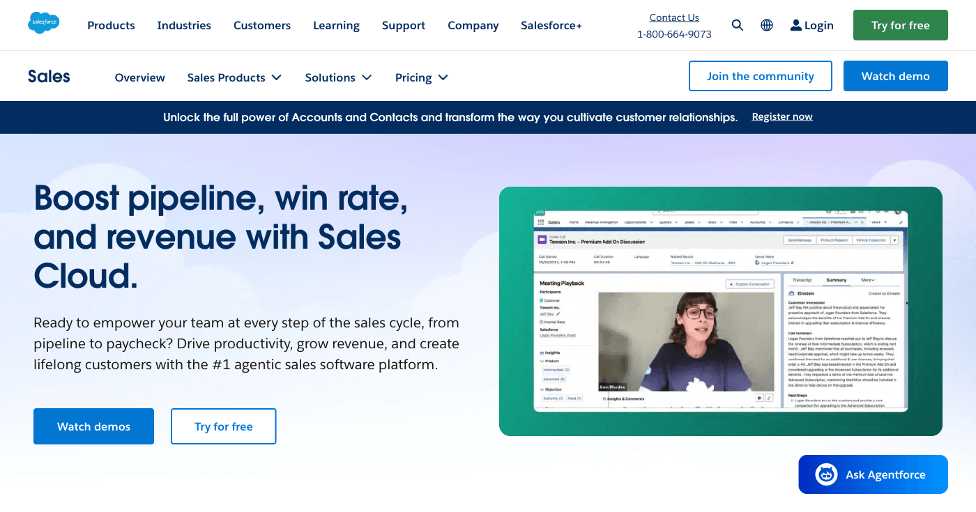 Salesforce Sales Cloud AI CRM platform showing Einstein AI features and sales automation tools for startup founders