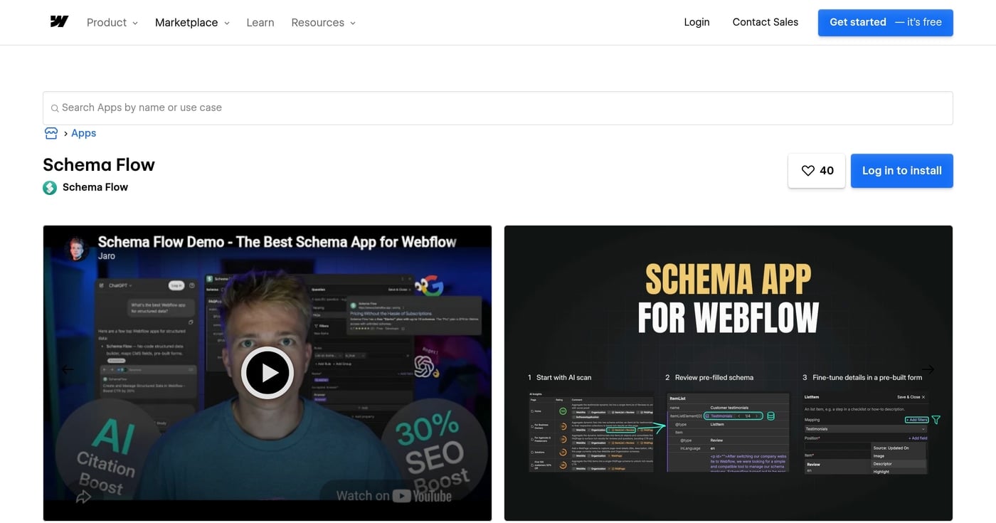 Schema Flow on Webflow Marketplace — JSON-LD schema automation app
