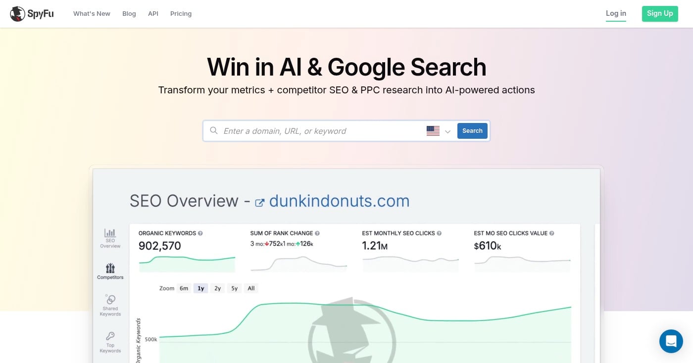 SpyFu competitive PPC intelligence tool homepage
