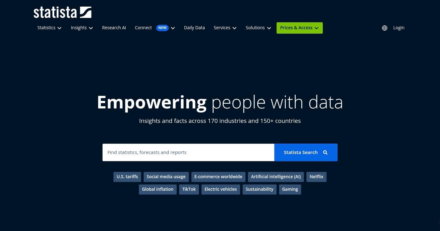 Statista secondary market data platform homepage