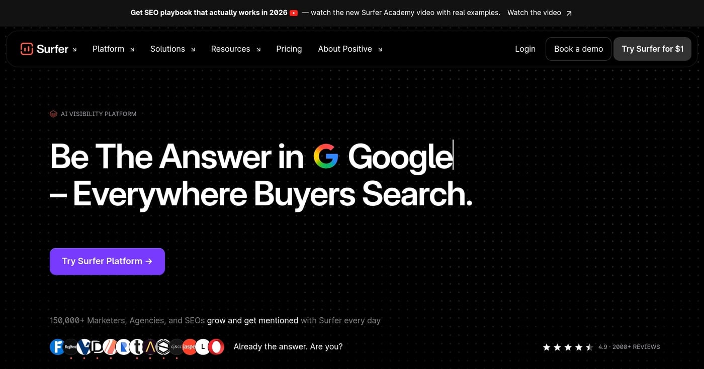 Surfer SEO homepage — AI Visibility Platform for content optimization