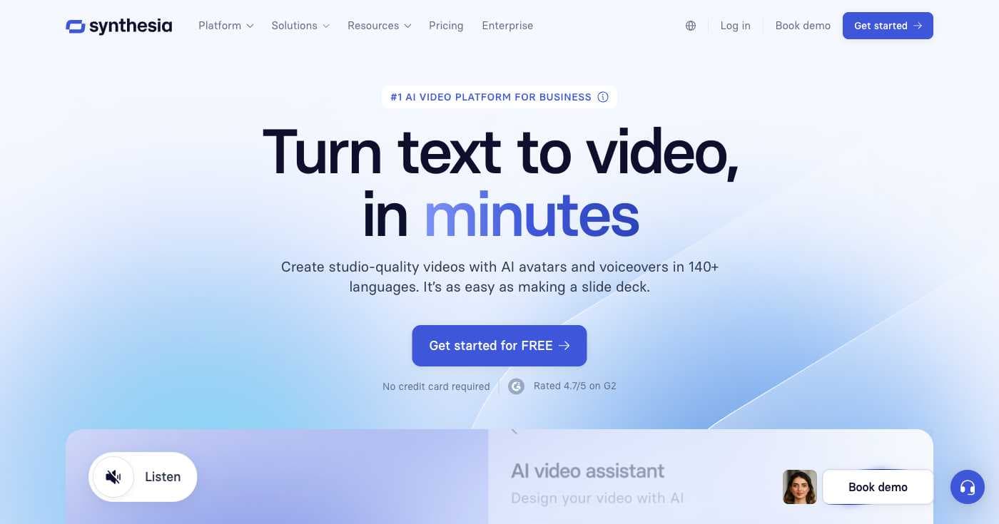 Synthesia AI video generator homepage showing professional AI avatars and multilingual video creation capabilities