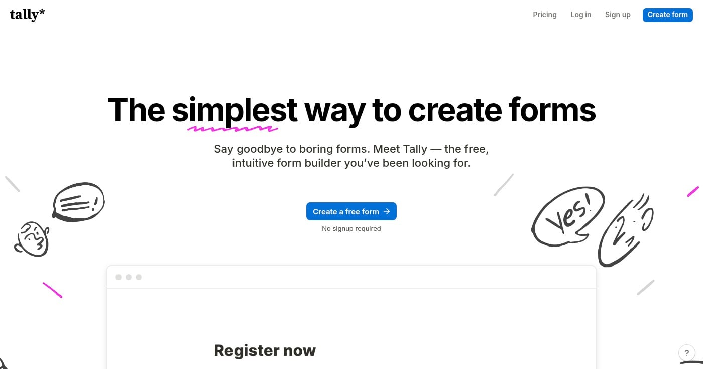 Tally homepage screenshot