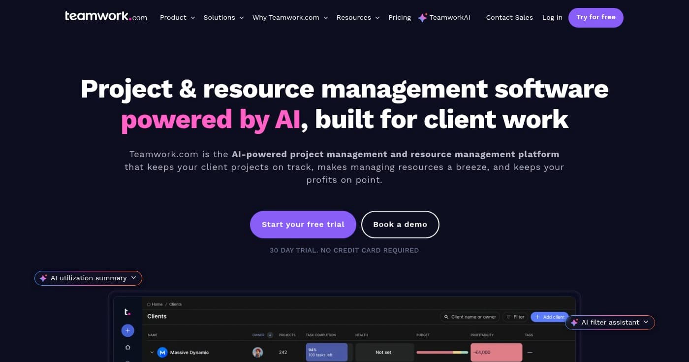 Screenshot of Teamwork homepage