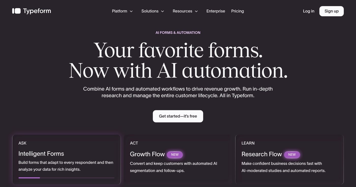 Typeform conversational survey builder homepage