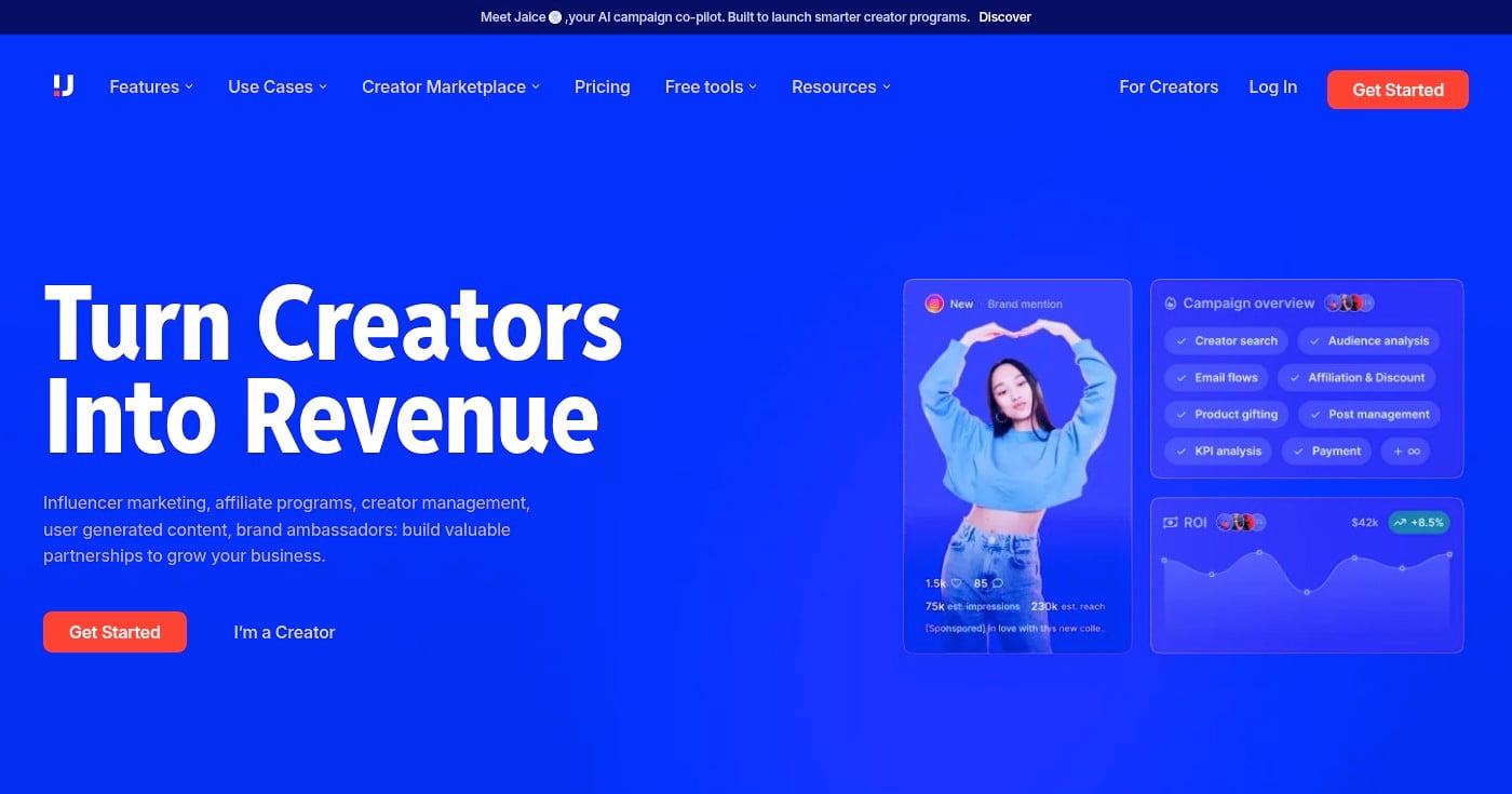Screenshot of Upfluence homepage