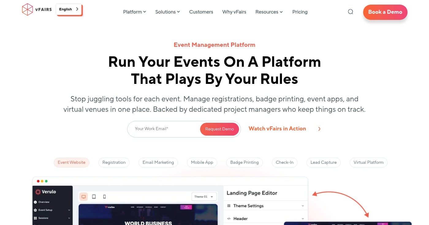vFairs virtual event platform homepage