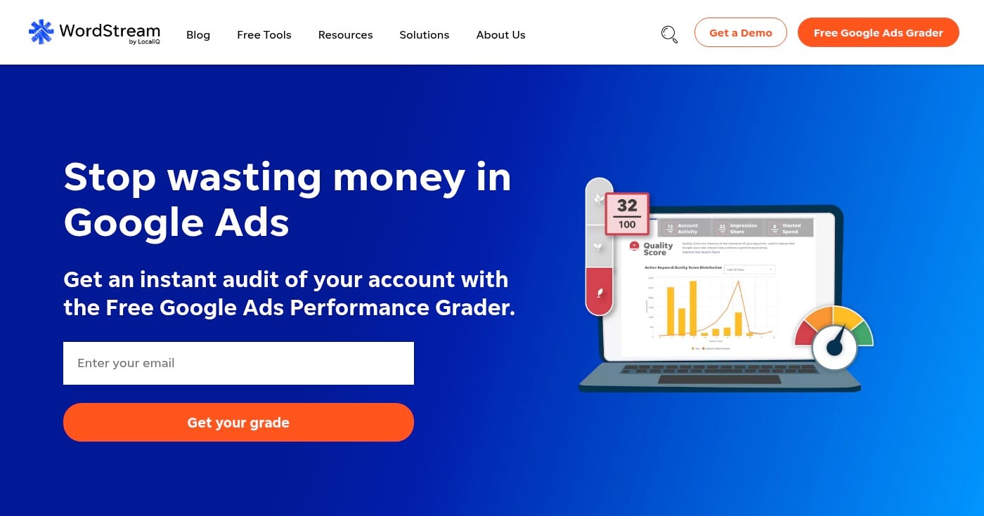 WordStream Google Ads management tool homepage